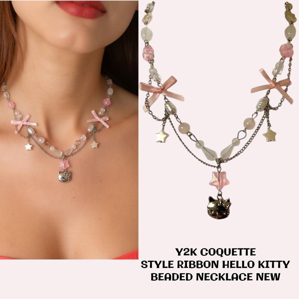 Y2K COQUETTE SILVERTONE‎ RIBBON BEADED HELLO KITTY NECKLACE NEW